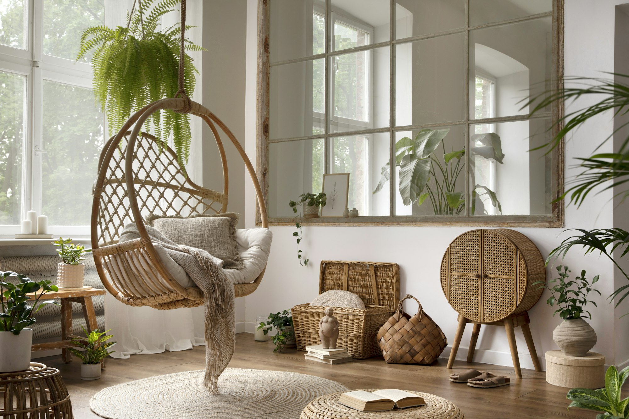 The stylish boho composition with changing swing, window, commode and wooden bench.